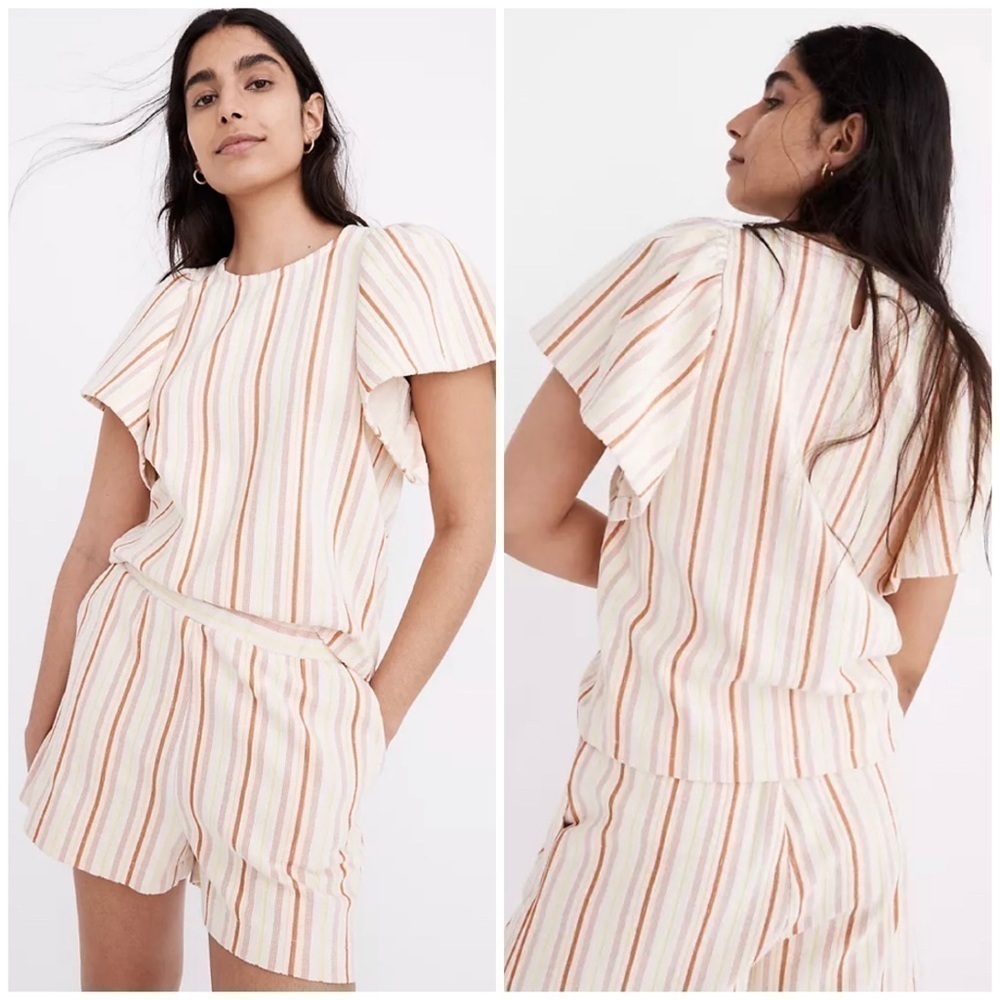 MADEWELL Textured Flutter-Sleeve Crop Top in Stripe